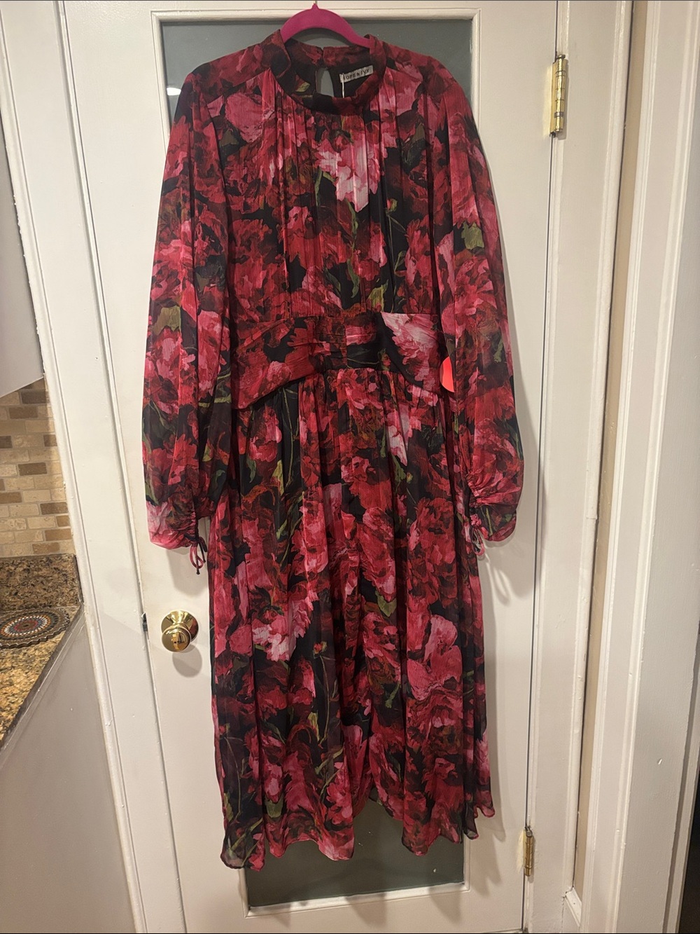 Red and Pink Floral Long Sleeve Midi Dress